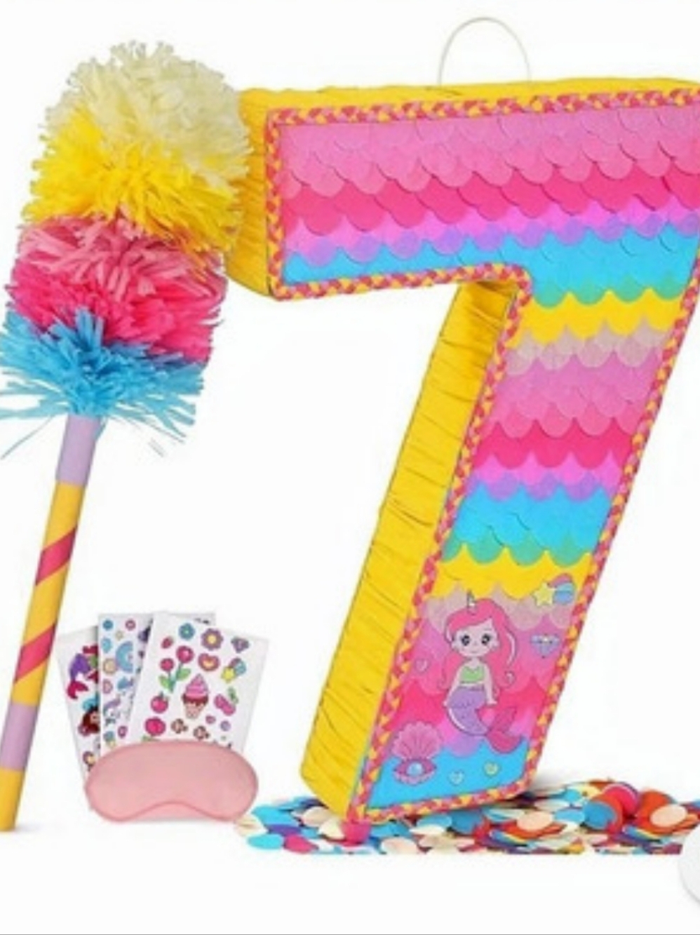 Number 7 Colorful Birthday Piñata Set Pink Multicolor Party Set Unicorn- Mermaid